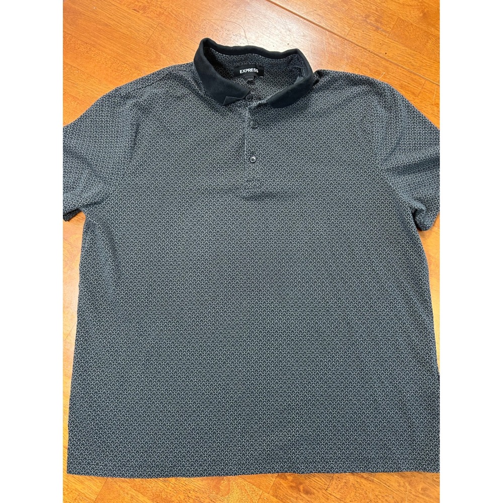 Express Polo Shirt Mens L Black Gray Geometric Fan Print Short Sleeve Casual